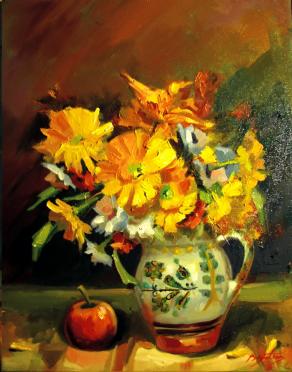 Flowers yellow clay pot and apple 