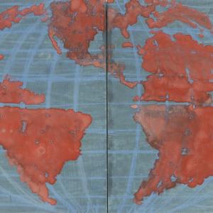 Mondo rosso e blu (dittico), 2012, tecnica mista su legno, 40 x 50 cm