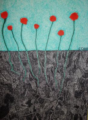 Sezione di terra con fiori rossi su cielo turchese