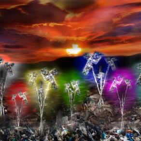 dai rifiuti fiori geneticamente mutati rinascono dalla spazzatura una generazione di fiori,ognuno riflette la propria luce,