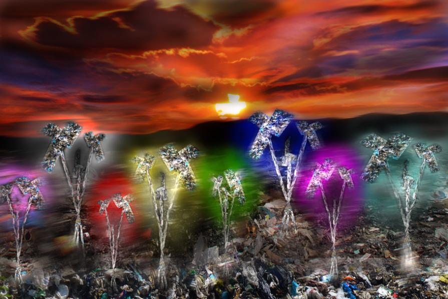 dai rifiuti fiori geneticamente mutati rinascono dalla spazzatura una generazione di fiori,ognuno riflette la propria luce,