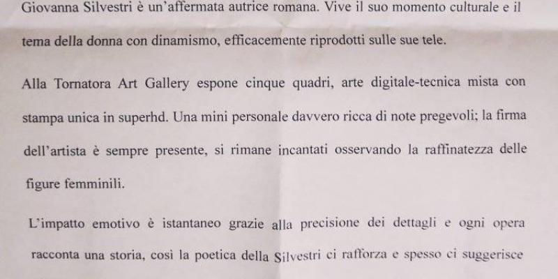  Prima mini- personale di Giovanna Silvestri nell'ambito dell'evento  Un Regalo ad Arte presso la Tornatora Art Gallery in Via del Serafico 108