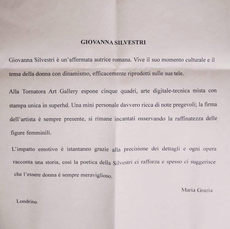  Prima mini- personale di Giovanna Silvestri nell'ambito dell'evento  Un Regalo ad Arte presso la Tornatora Art Gallery in Via del Serafico 108