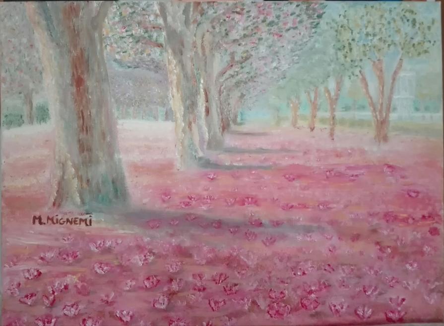 Manuela Mignemi - Sussurri tra i fiori rosa - olio su tela - 40 x 30