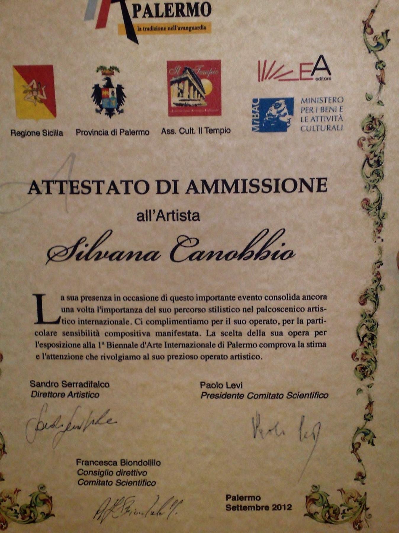 Attestato di ammissione alla Biennale di Palermo