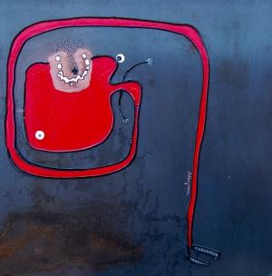 RED contortionist mixed media on iron steel  cm 50 x 50 2012