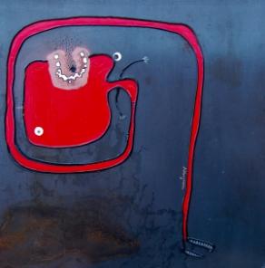 RED contortionist mixed media on iron steel  cm 50 x 50 2012