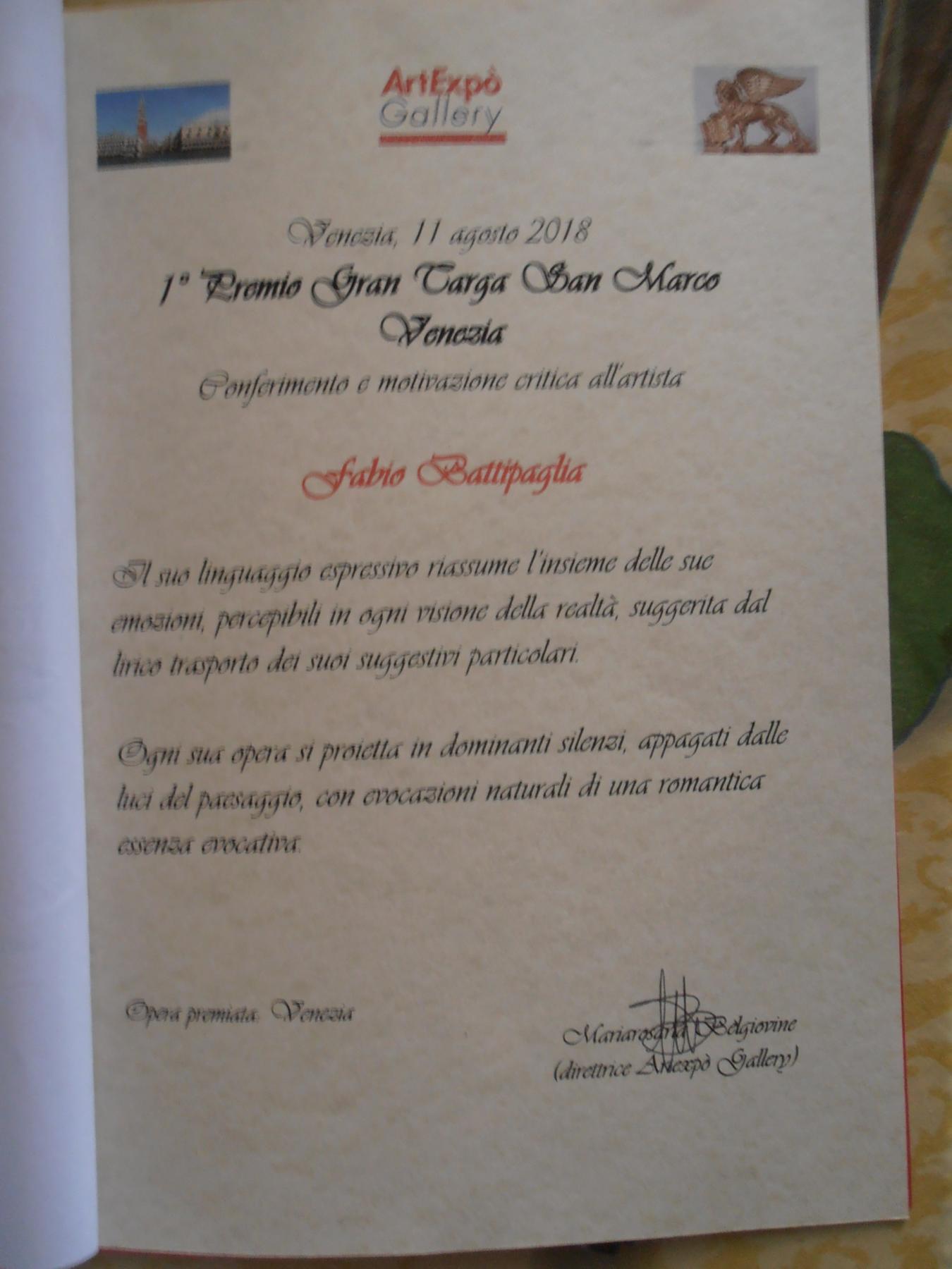 Motivazione critica all'artista Fabio Battipaglia dalla Direttrice di Artexpò Gallery