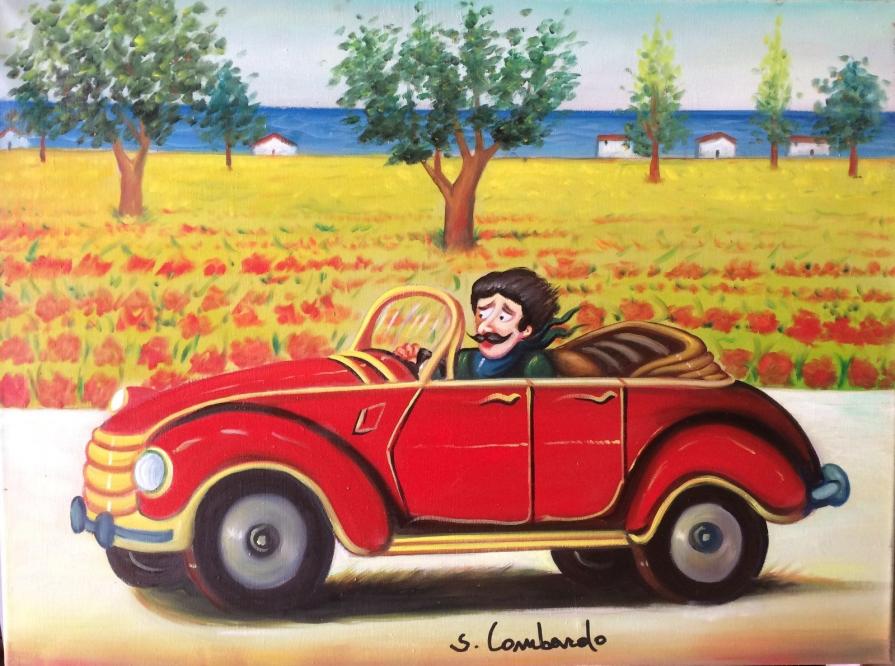 Salvo Lombardo - La decappottabile rossa - olio su tela - 80 x 60