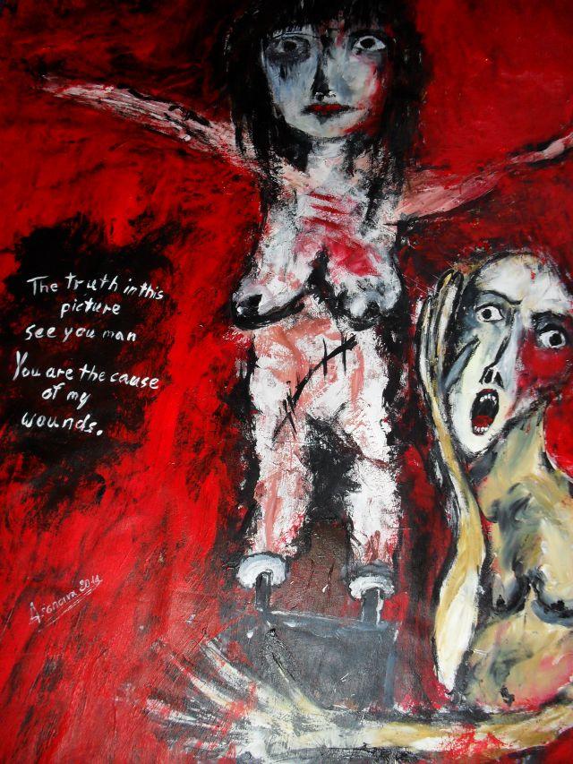 "The Truth in this picture " Acryl auf Tuch ,160 x 116 cm  See you man, You are the cause of my woun