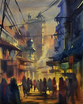 Evening at Ajmer sharif,Rajasthan. size 22x28 inch Watercolor on paper.