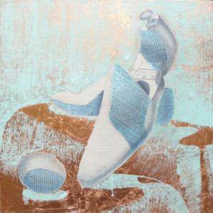 PASSO SETTIMO: foglia di rame, acido, giornale e grafite su tela 45x45 cm