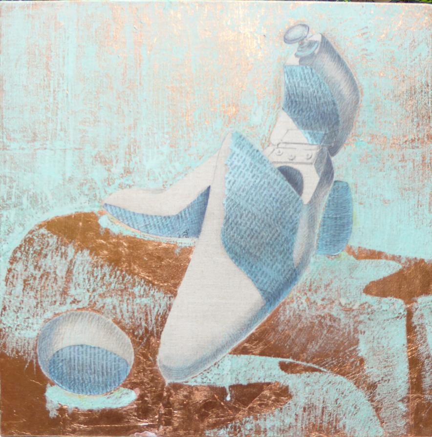 PASSO SETTIMO: foglia di rame, acido, giornale e grafite su tela 45x45 cm