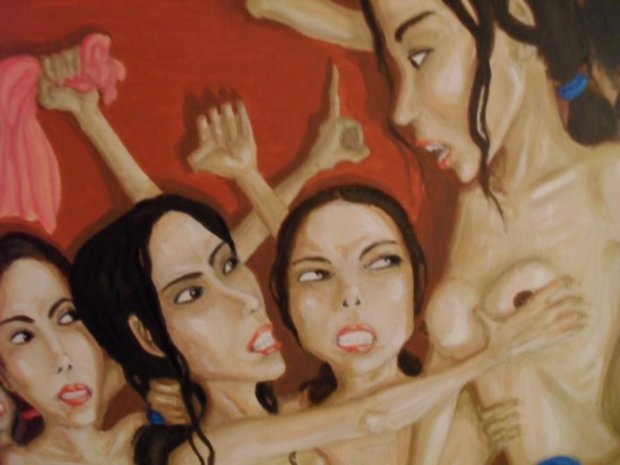 Affollamento di snelle donne minute in sauna - Rivalità congenita (particolare)