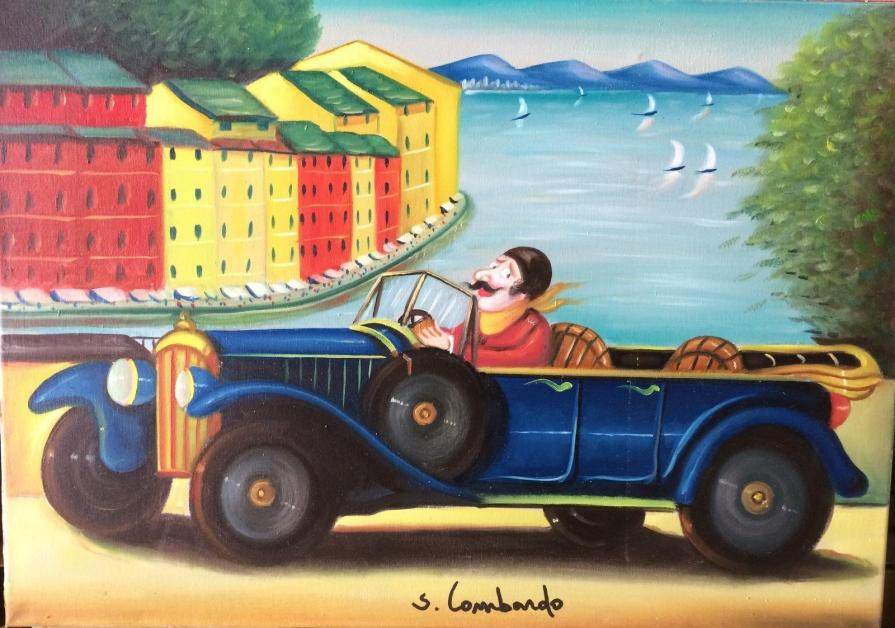 Salvo Lombardo - L'auto blu a Portofino - olio su tela - 70 x 50