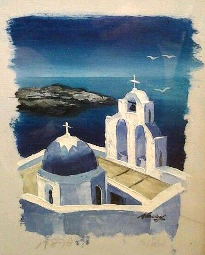 Vasili Alexiou (Grecia) – Santorini – olio carta – 20 x 30
