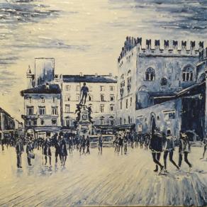 Cercando il tempo in piazza del Nettuno a Bologna: fronte