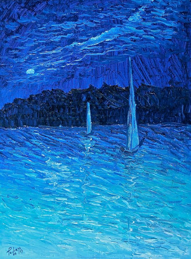 "Two sailboats in moonlit night" 