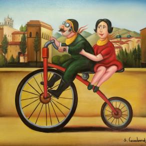 Salvo Lombardo - In bici  - olio su tela - 70 x 70