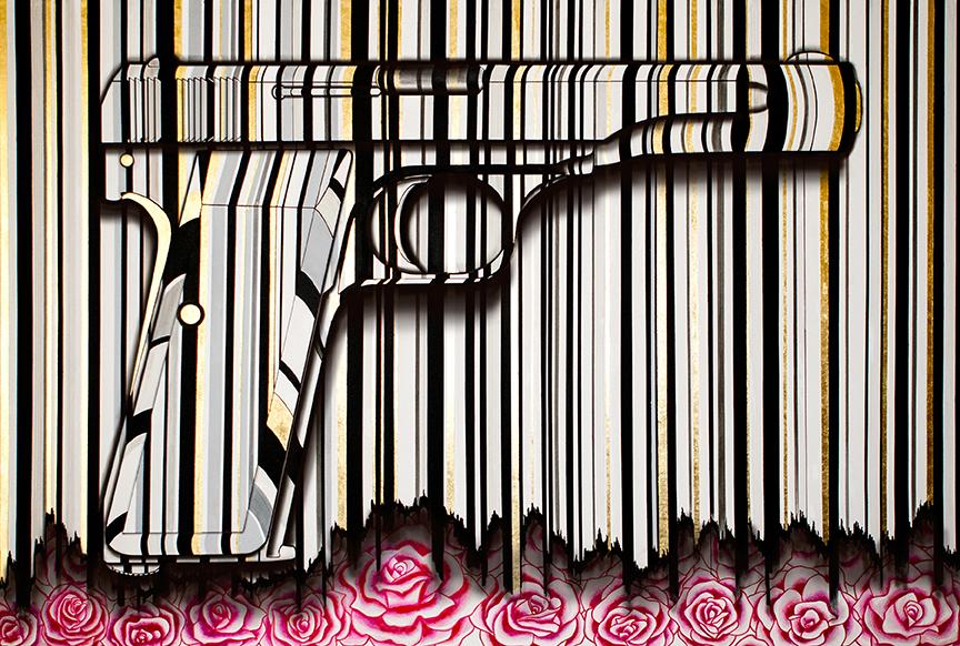 John Dillinger’s Ortgies Pistol - 4x6 feet 22Karat Gold and Copic Markers free hand drawing on canva