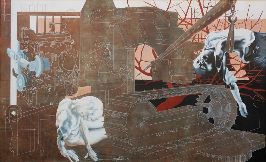 "La macchina vince l'uomo" dipinto di Gianni Pelassa