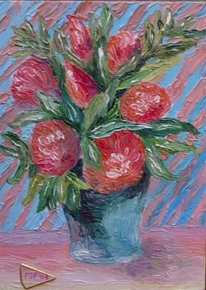 FIORI e N MORTE (vaso azzurro con fiori rossi)