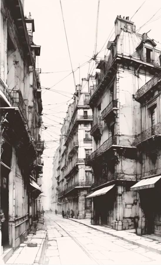 Paris - 1893. My Etching of imaginary street scene with tiny imaginary Frenchman and cheese wheel on sidewalk