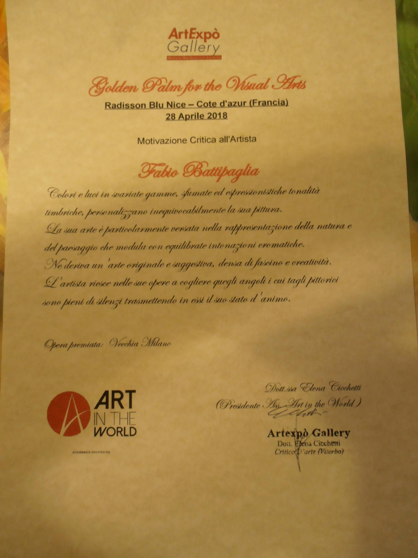 Motivazione critica all'artista Fabio Battipaglia per il Premio Golden Palm for the Visual Arts
