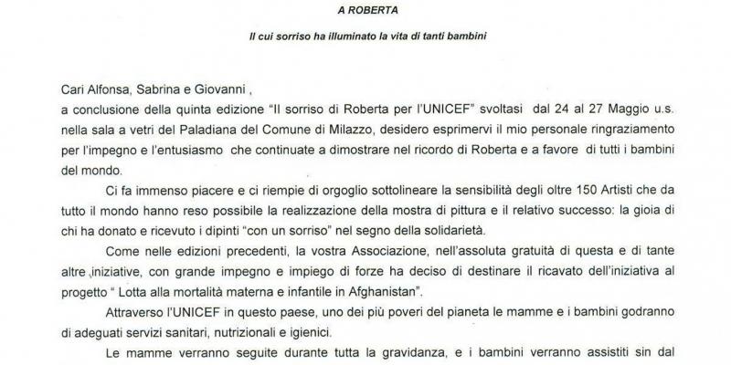 lettera di ringraziamento UNICEF lettera di ringraziamento UNICEF