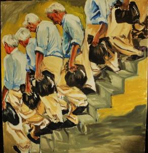 Figura che scende le scale per conferire l'immondizia. 2023, olio su tela . (Cover di Duchamp che scende le scale 1952)