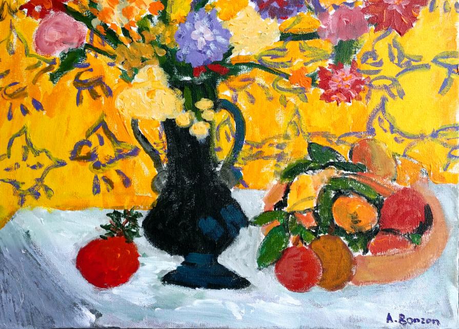 Yellow and purple wall with vase and fruits