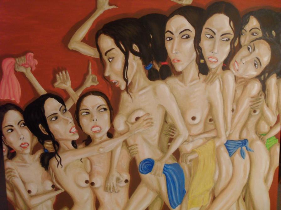 Affollamento di snelle donne minute in sauna - Rivalità congenita (particolare)