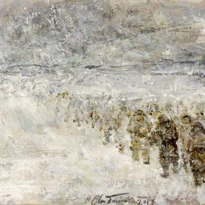 Ombre in un deserto di neve, smalto ed oli su lamina di alluminio