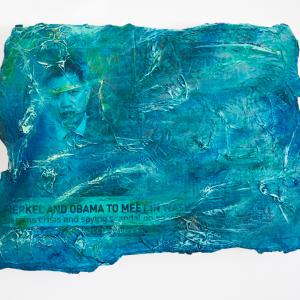 The meeting: acrilico, carte di riso e stampa su cartone strappato montato su tela. 35x45cm