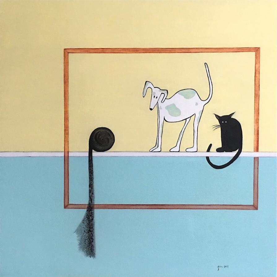 Chien avec chat et balle de laine à la dérive