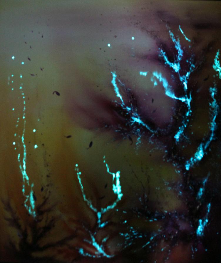 Corals and light, tecnica mista e resine fluorescenti cm 120x100 al buio
