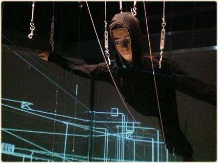 Urban marionnette. Puppets string and bunraku type, size human. 