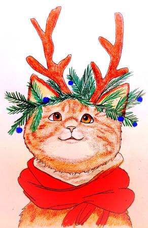 Con le corna di renna e lo sguardo d'oro...Micio veglia sul sonno incantato del mondo