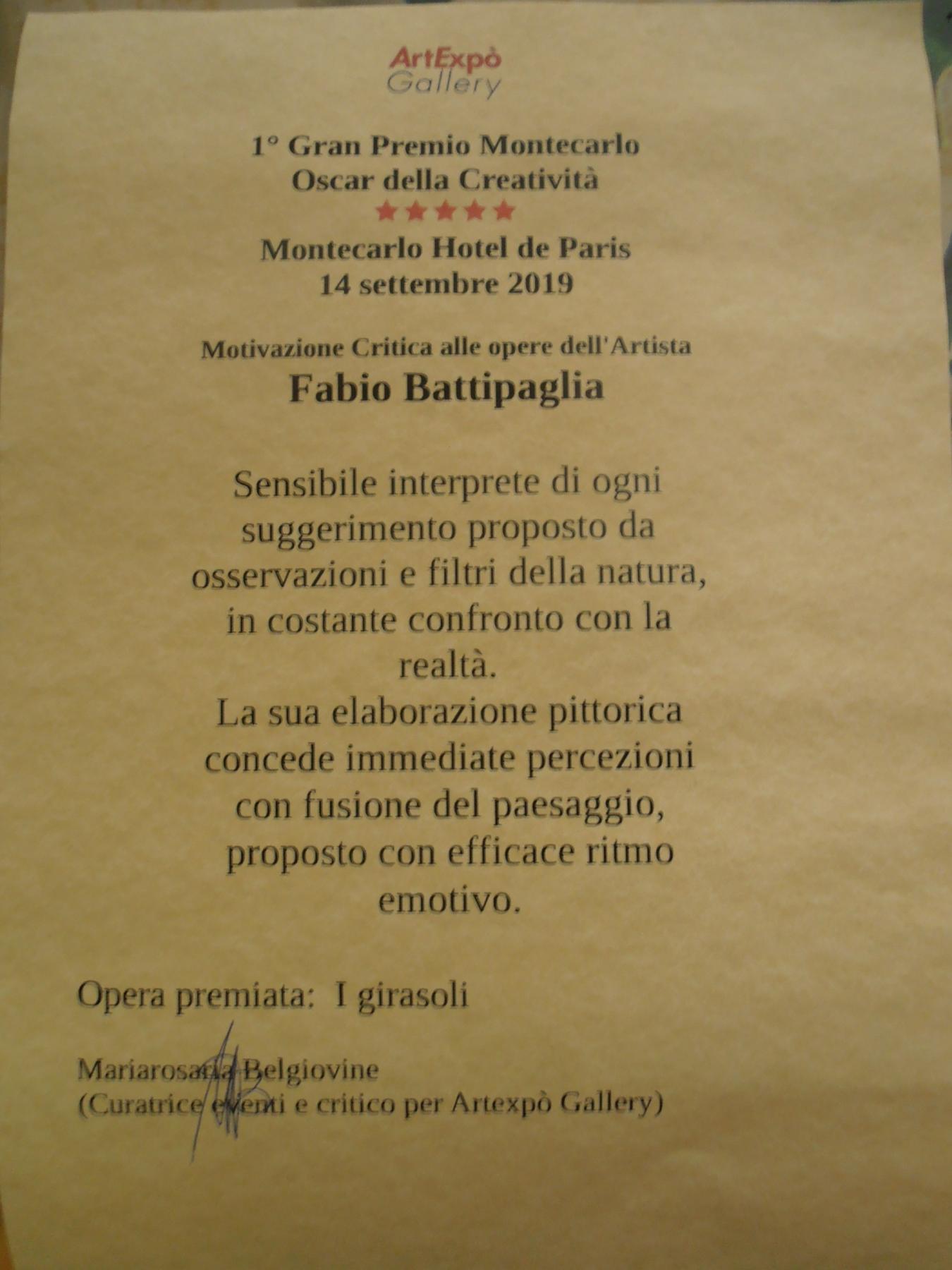 Testo critico della direttrice Artexpò Gallery all'artista Fabio Battipaglia