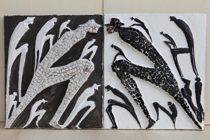 Adret et Envers - affresco a rilievo e mosaico su tavola armata di rete metallica