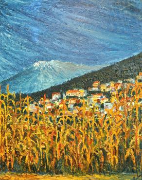 "Paisaje del Estado de México, El Maizal y el volcán al fondo" "The cornfield with the volcano in th