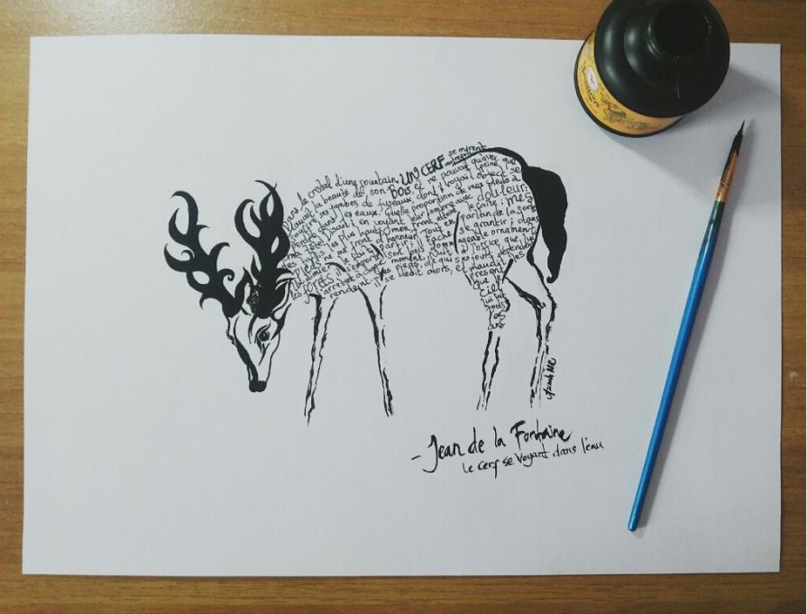 Un calligramme: La fable de Jean de la Fontaine - Le Cerf se voyant dans l'eau