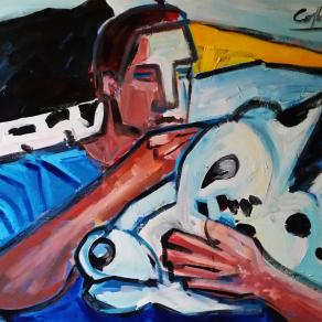 Ragazzo che accarezza una mucca - Boy caressing a cow