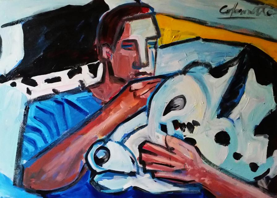 Ragazzo che accarezza una mucca - Boy caressing a cow