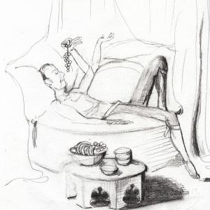 Napoleon reclines on silken cushions.