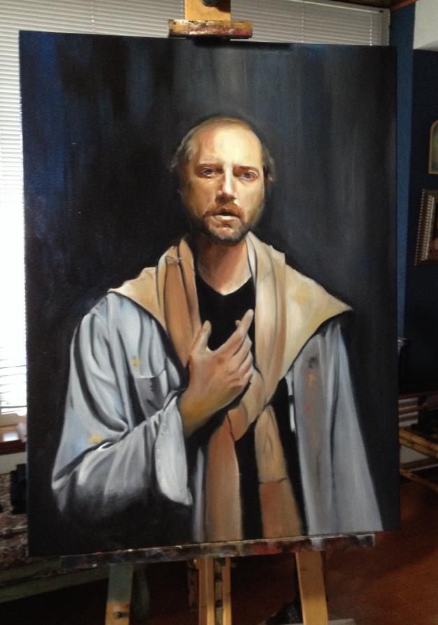 "Autoritratto con casacca da pittore", "Selfportrait", olio su tela di Massimo Tizzano. 