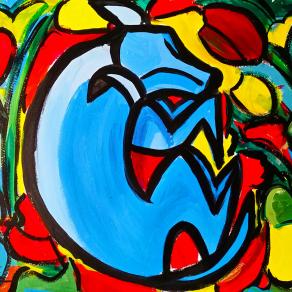 Cane accovacciato su prato fiorito - Dog crouched on a blooming meadow