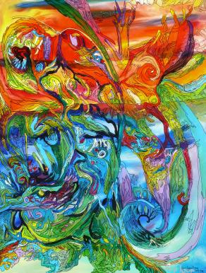 Sea and sky.Nautilus and a parrot.