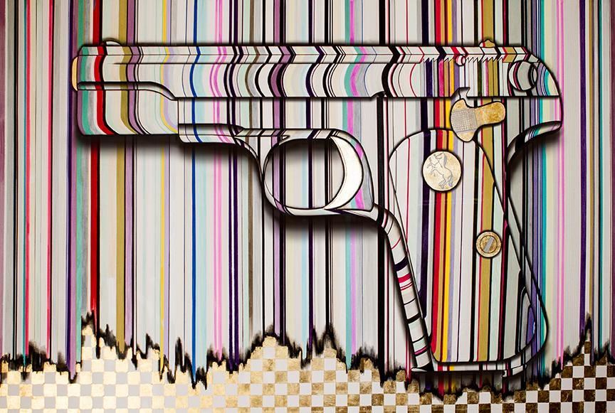 John Dillinger’s Colt .380 - 22 karat Gold and Copic Markers on 4×6 feet canvas