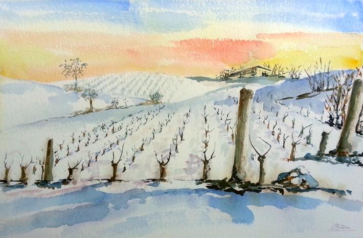 Tramonto su langhe innevate